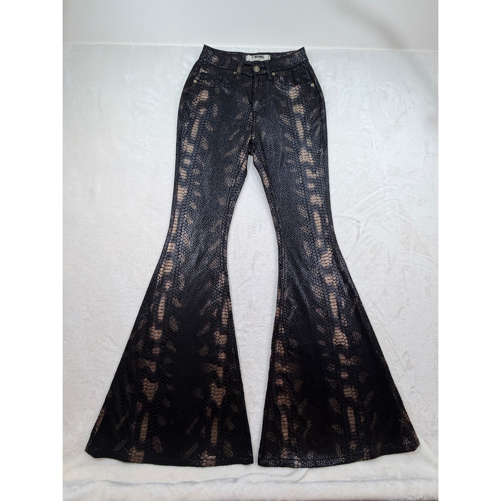 Rock & Roll Denim Black Copper Snake Print Bell Bottom Pants Womens W25 L34 Exc